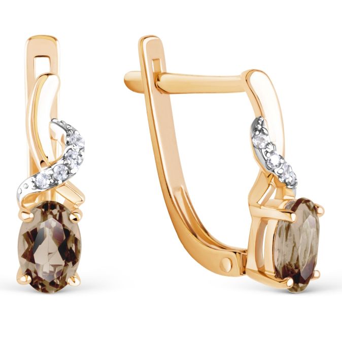 Золотые серьги с дымчатым топазом и Swarovski Zirconia купить в ювелирном магазине - Золотой Мир1