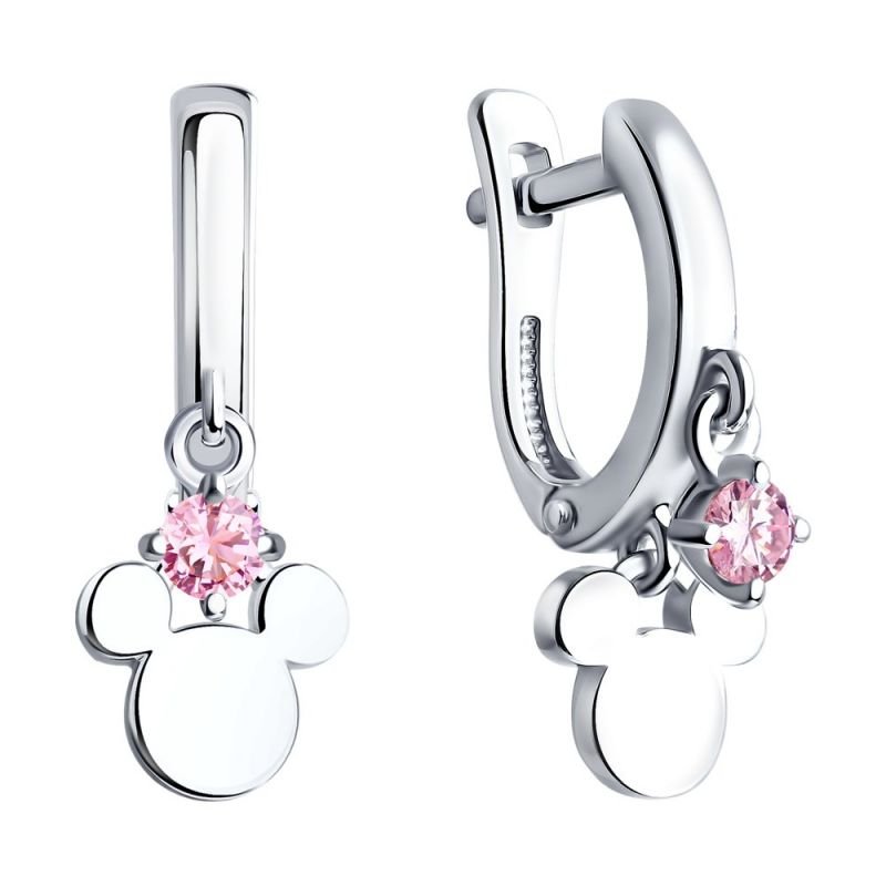 Серьги "Микки" из серебра 925 пробы с розовыми фианитами - Фото №1