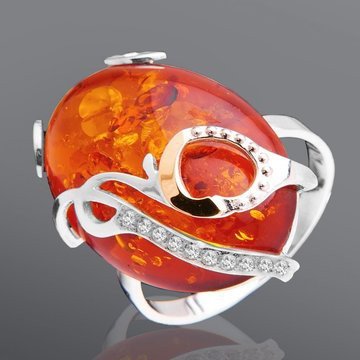 Damen Ring mit Bernstein und Zirkonia • 925 Silber - Foto №1