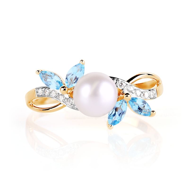 Золотое кольцо с топазами, жемчугом, фианитами - Zolotoy-mir.de - Фото №1