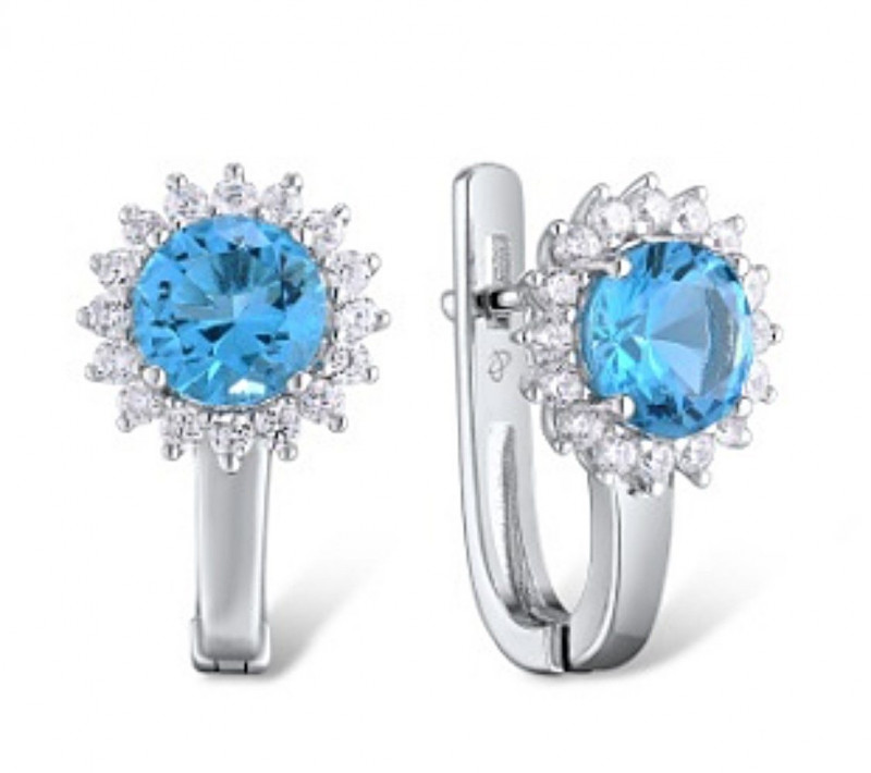 Серьги серебро 925 с синими и белыми фианитами английский замок - Фото №1