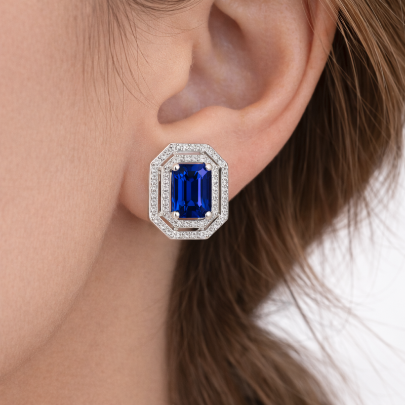 Серьги из серебра 925 со светло-синим камнем и фианитами - Фото №1