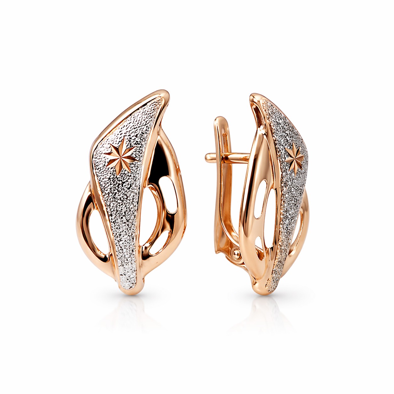 Ohrringe aus Rotgold 585 Multicolor Diamantschliff mattiert mit englischem Verschluss - Foto №1 ohrringe russisches gold 585 kostenloser versand deutschland - Foto №1