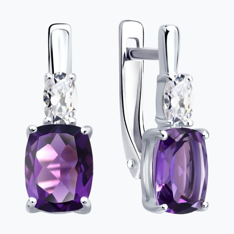 Silber Ohrringe mit Amethysten und Zirkonia, englischer Verschluss - Foto №1 Elegante Damenohrringe mit violetten Steinen aus 925 Silber - Foto №1