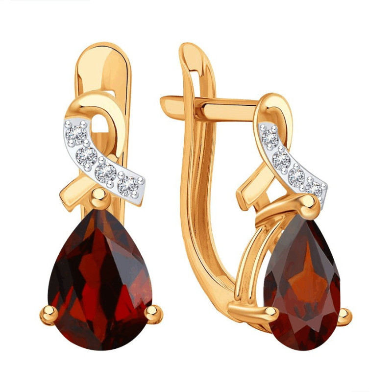 Ohrringe mit Granaten und Zirkonia aus russischem Rotgold 585 mit Klappverschluss - Foto №1 Damenohrringe mit roten Granaten aus russischem 585er Rotgold - Foto №1