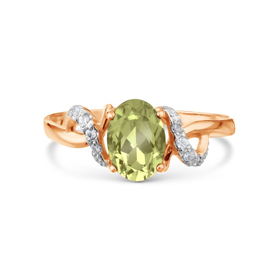 Кольцо с хризолитом и фианитами золото 585 пробы - Фото №1 Кольцо с хризолитом и фианитами золото 585 пробы - Фото №1