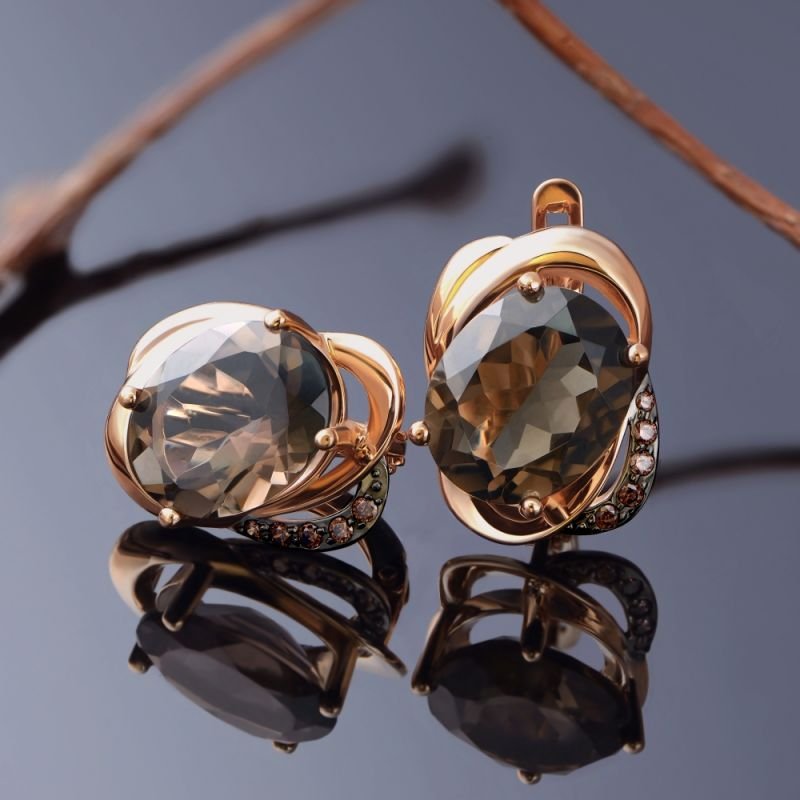 Ohrringe mit Rauchtopase und Zirkonia 585 Rotgold - Foto №1
