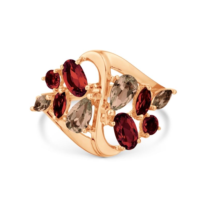 Кольцо с раухтопазами и гранатами золото 585 пробы - Фото №1 Кольцо с раухтопазами и гранатами золото 585 пробы - Фото №1