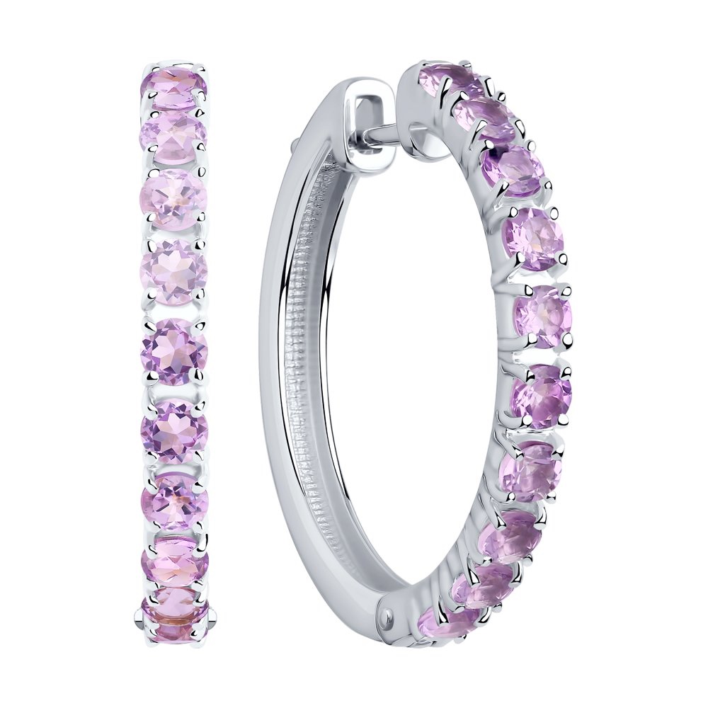 Серьги креолы с аметистами из серебра