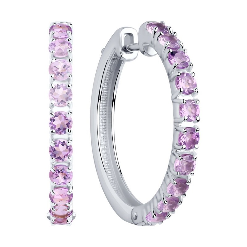 Серьги креолы с аметистами из серебра