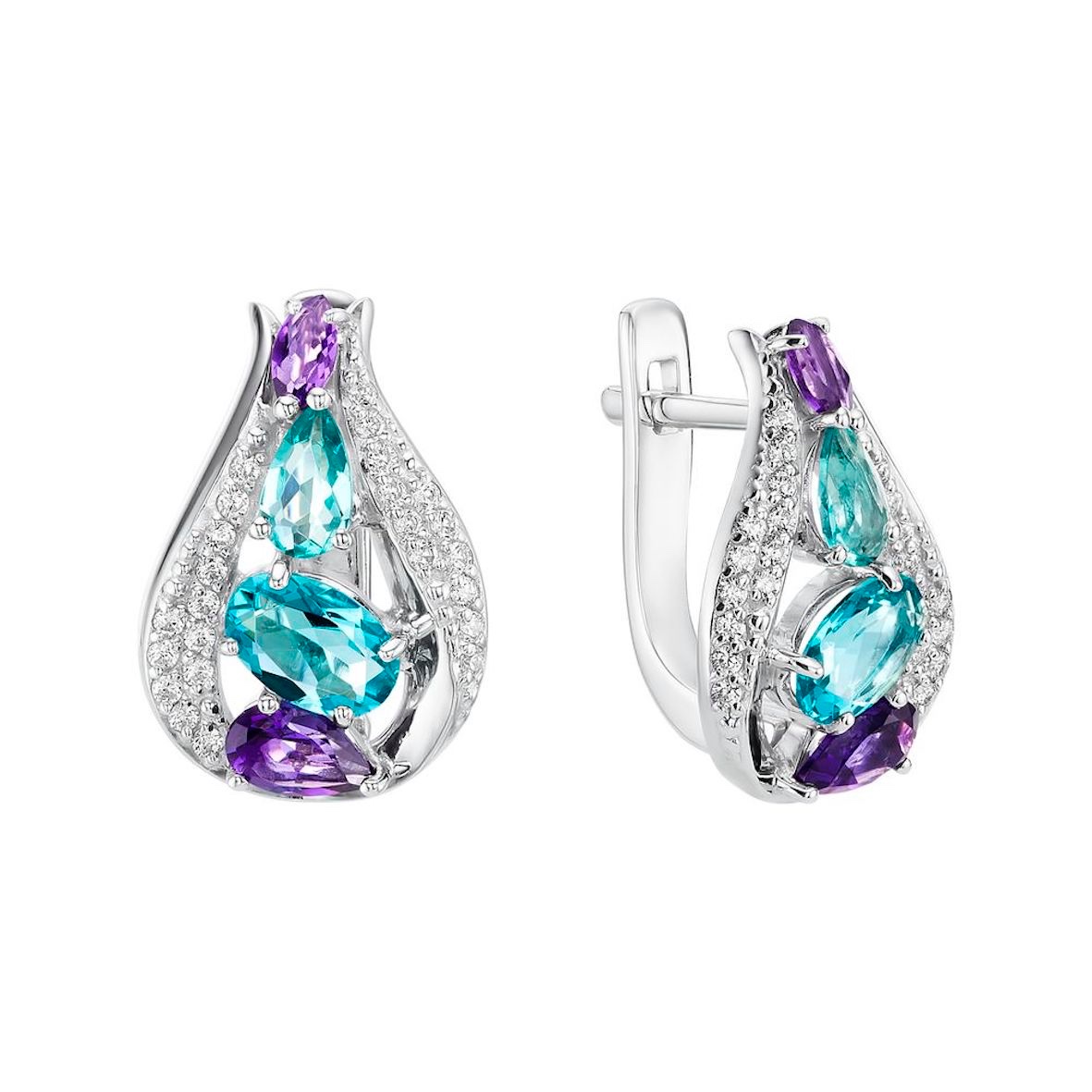 Серьги с турмалином, аметистами и фианитами из серебра