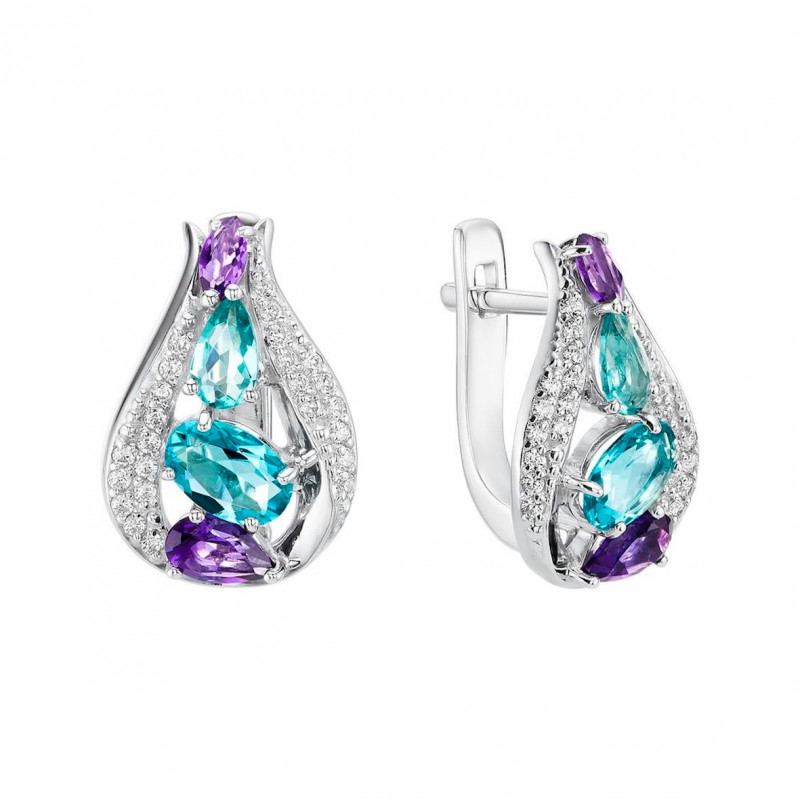 Серьги с турмалином, аметистами и фианитами из серебра
