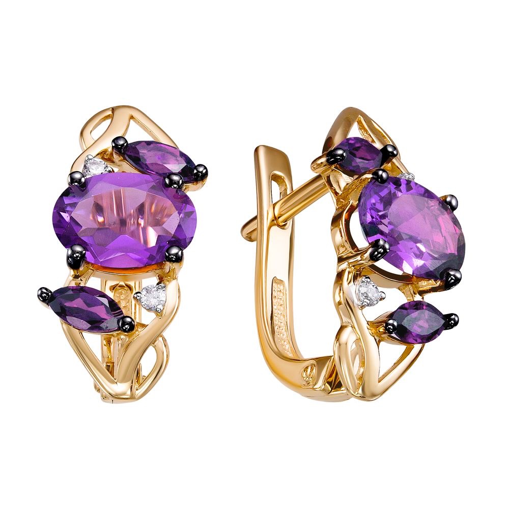 Серьги с аметистом и фианитом из красного золота Серьги с аметистом и фианитом из красного золота