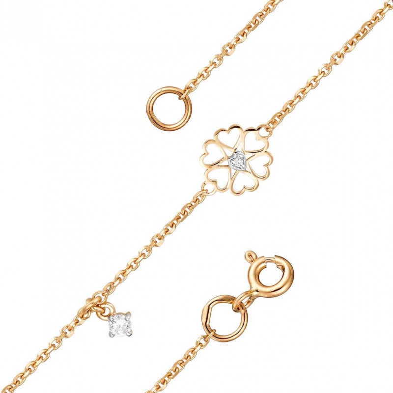 Браслет "Сердечки" с фианитами из красного золота