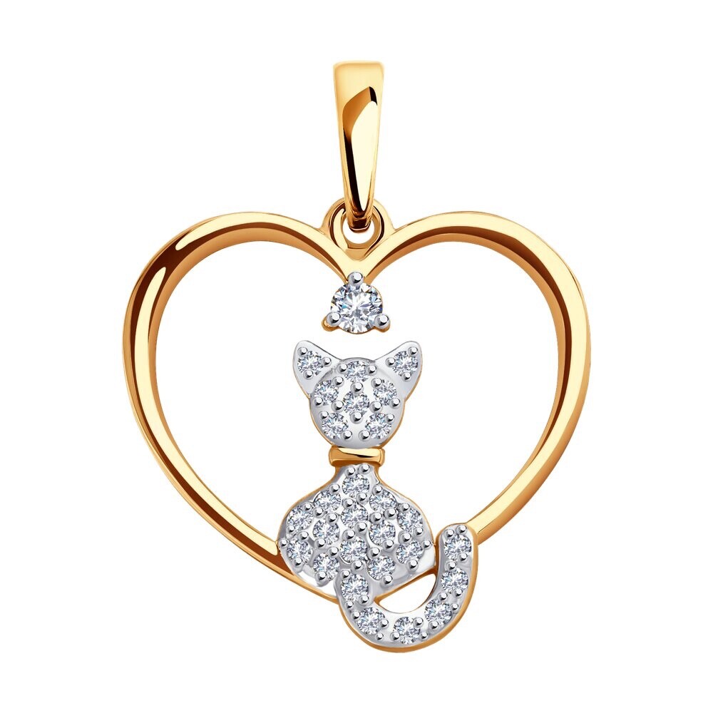 Подвеска Сердечко Кошка из золота с фианитами
