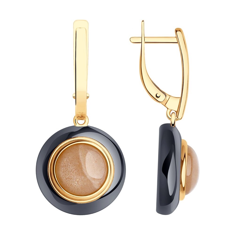 Серьги висячие с лунными камнями золочённое серебро