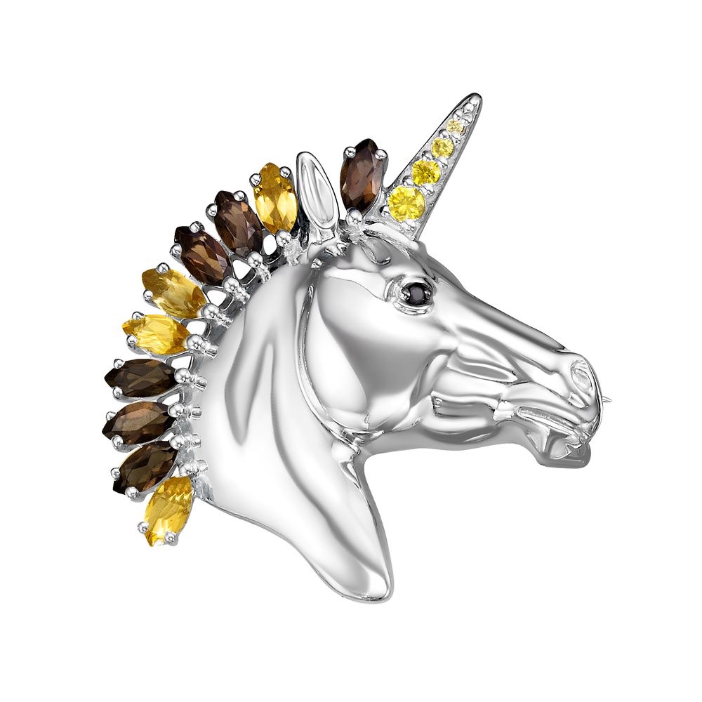 Brosche "Pferd Einhorn" 925 Silber Natursteine Zirkonia