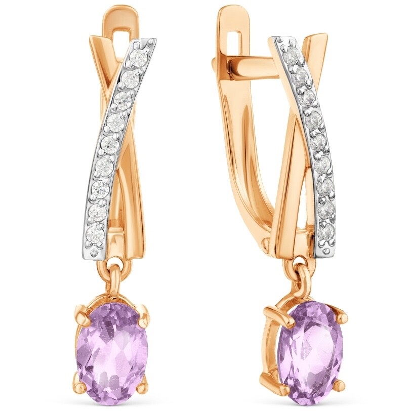 Серьги из золота с аметистами и фианитами Серьги из золота с аметистами и фианитами
