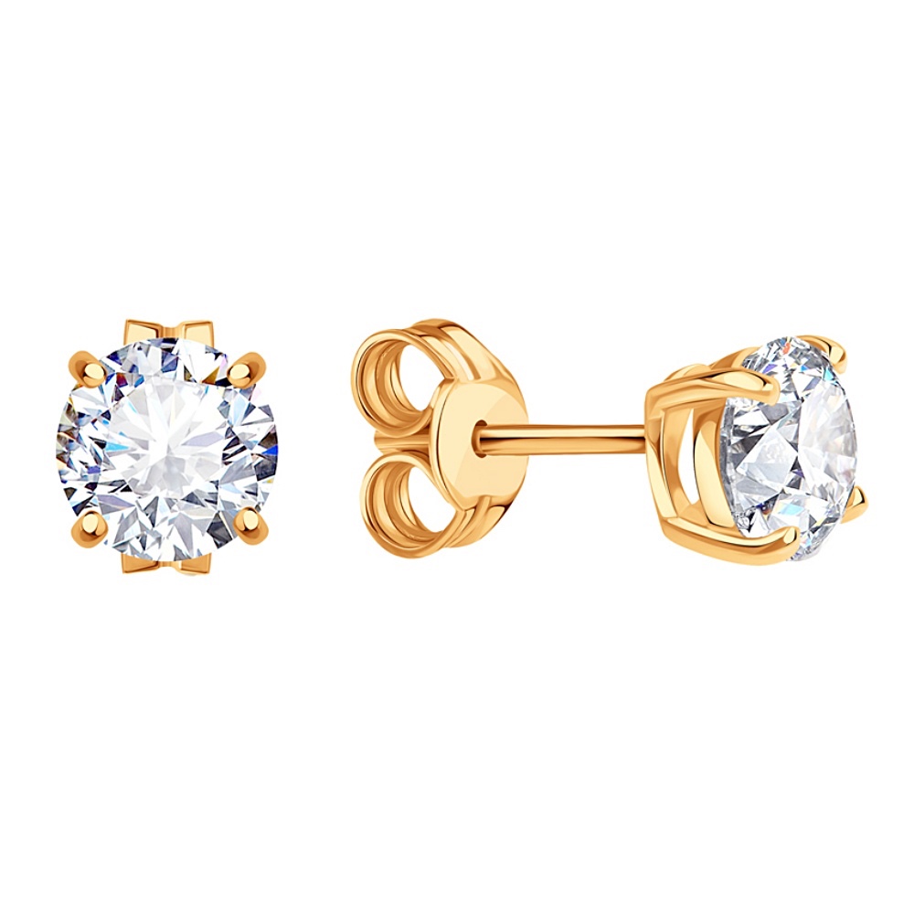 Серьги гвоздики из красного золота 585 пробы с фианитами