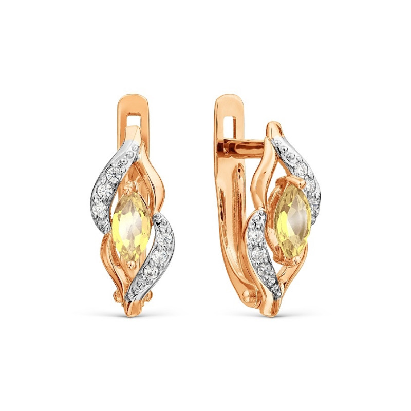 Серьги из красного золота 585 пробы с цитринами и фианитами Серьги из красного золота 585 пробы с цитринами и фианитами