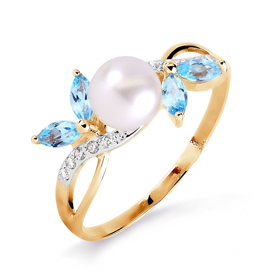 Кольцо с жемчугом и топазами золото 585 пробы