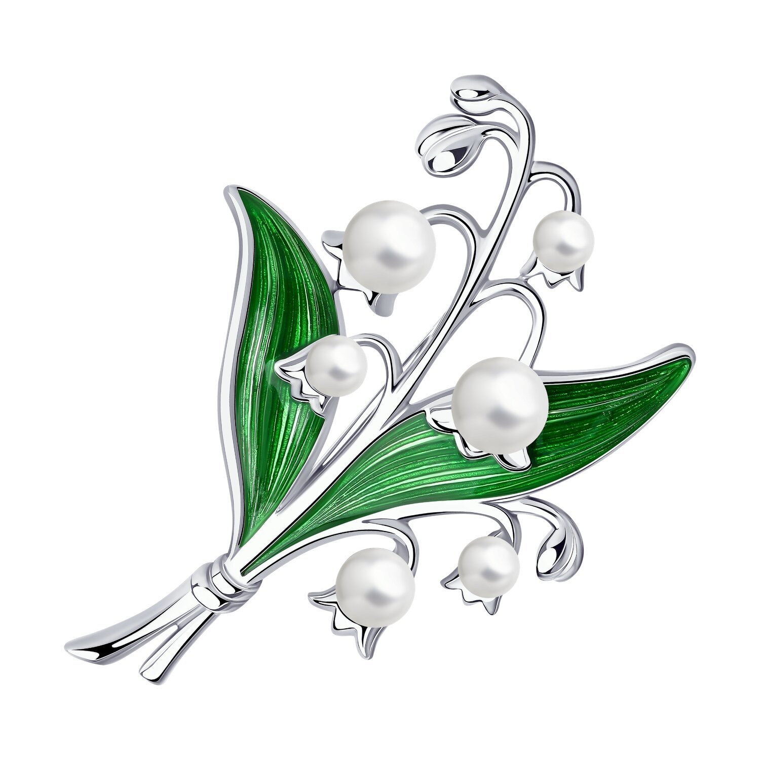 Brosche Maiglöckchen 925 Silber mit Perlen und Emaille