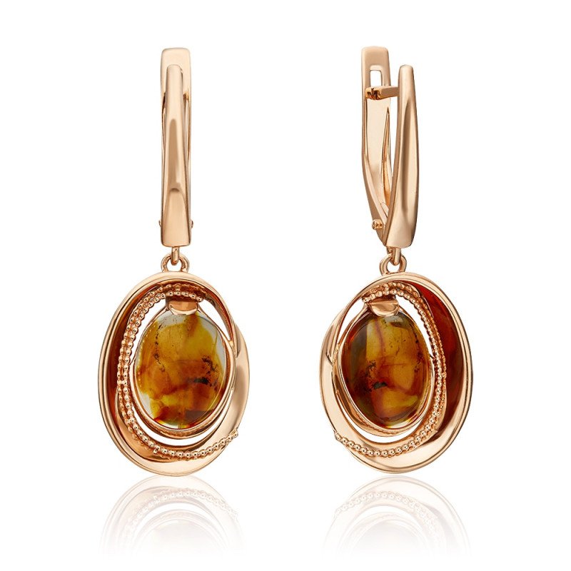 Paar Ohrhänger Vintage 585 Rotgold 14k mit Bernstein