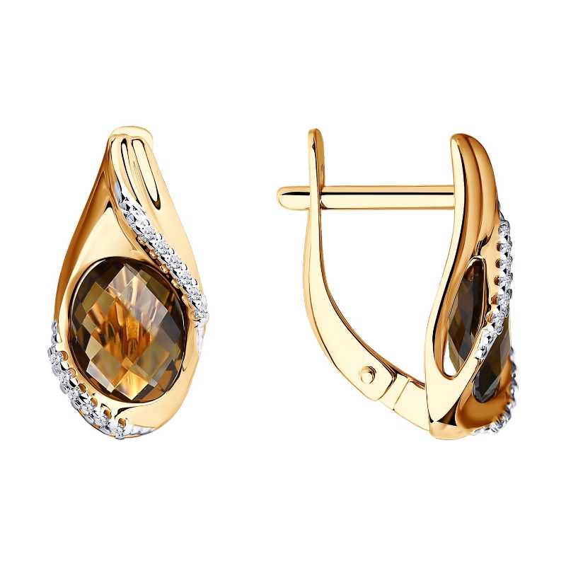 Серьги из золота 375 пробы с раухтопазом и фианитами