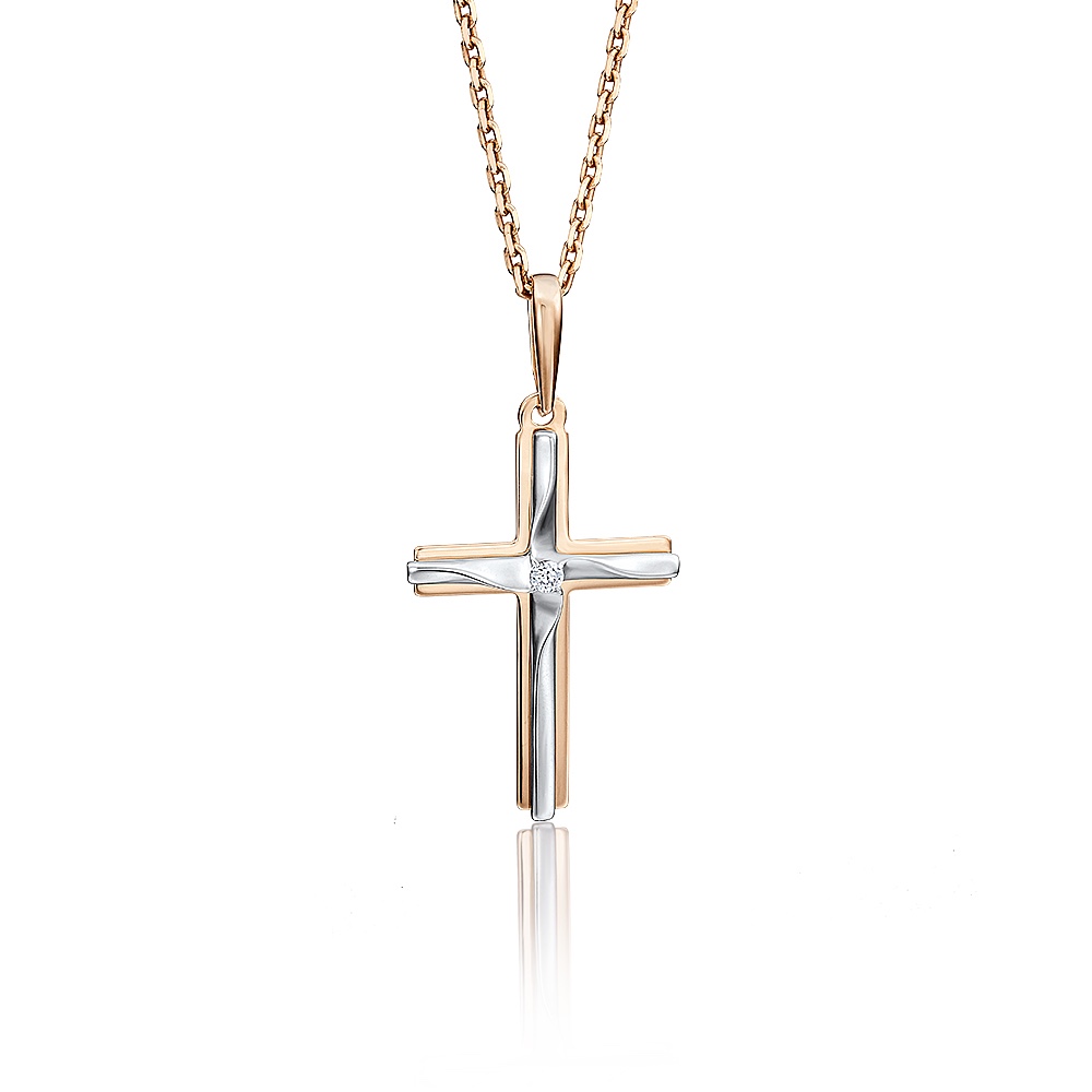 Крестик-подвеска из красного русского золота 585 пробы с бриллиантом Крестик-подвеска из красного русского золота 585 пробы с бриллиантом