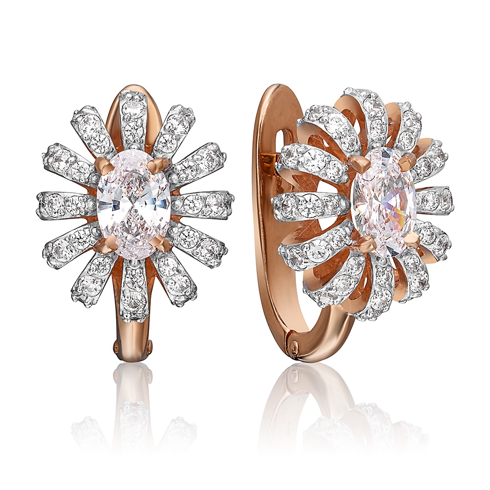 Серьги с английским замком из красного русского золота 585 пробы с фианитами