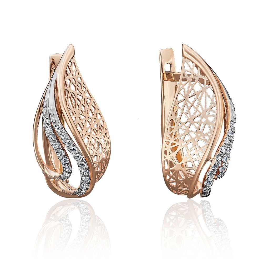 Серьги с фианитами из красного русского золота 585 пробы Серьги с фианитами из красного русского золота 585 пробы