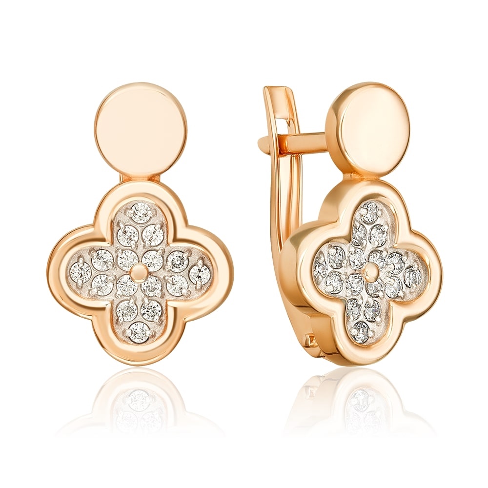 Серьги из русского красного золота 585 пробы с английским замком и фианитами Серьги из русского красного золота 585 пробы с английским замком и фианитами