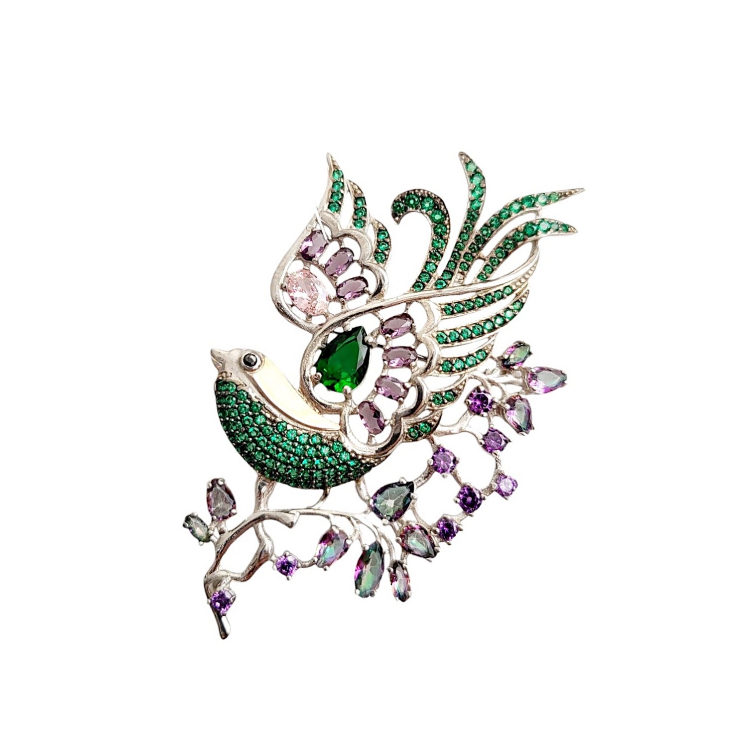 Брошь Павлин из серебра 925 пробы и красного золота 375 пробы с фианитами и алпанитами