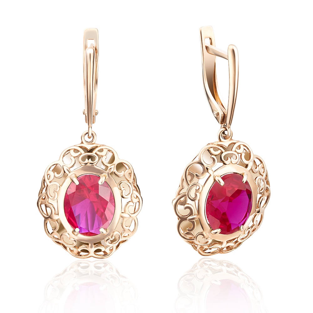 Серьги из красного русского золота 585 пробы с корундом синт.