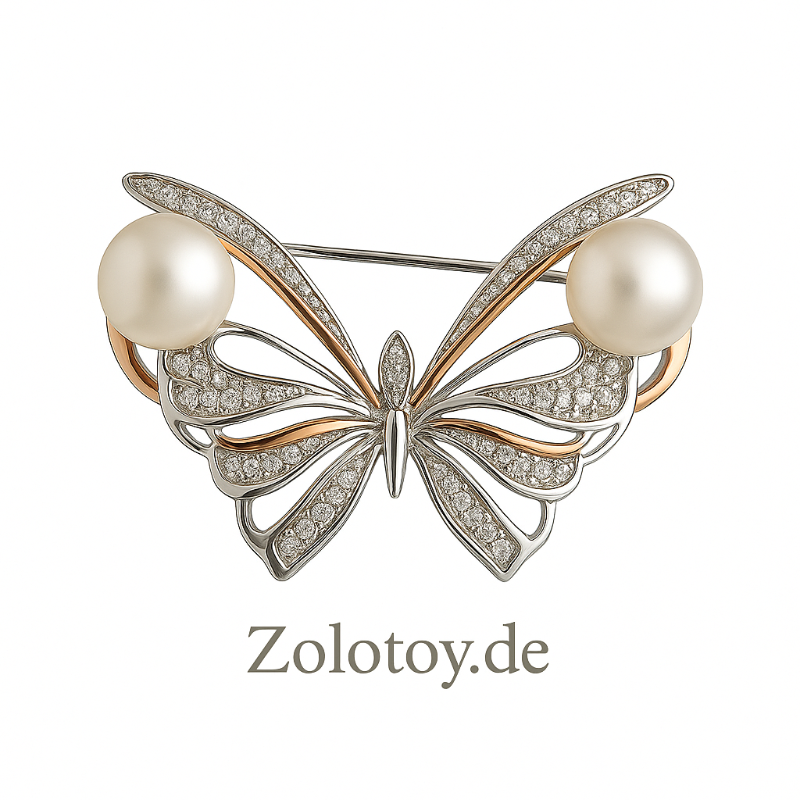 Brosche Schmetterling 925 Silber 375 Rotgold Zirkonia SW Perlen