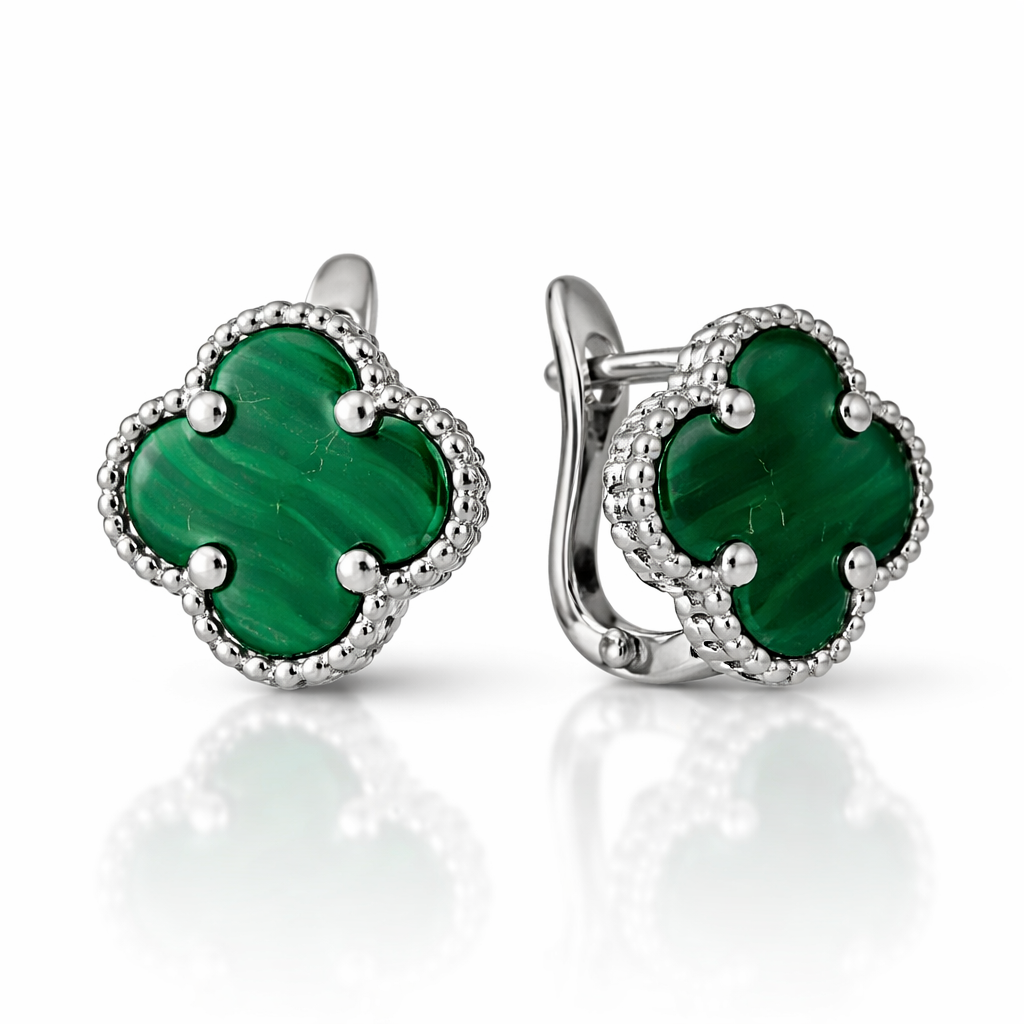 Серьги «Клевер» из серебра 925 с зелёной эмалью