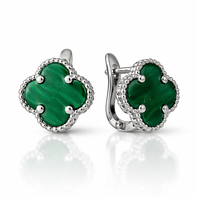 Серьги «Клевер» из серебра 925 с зелёной эмалью
