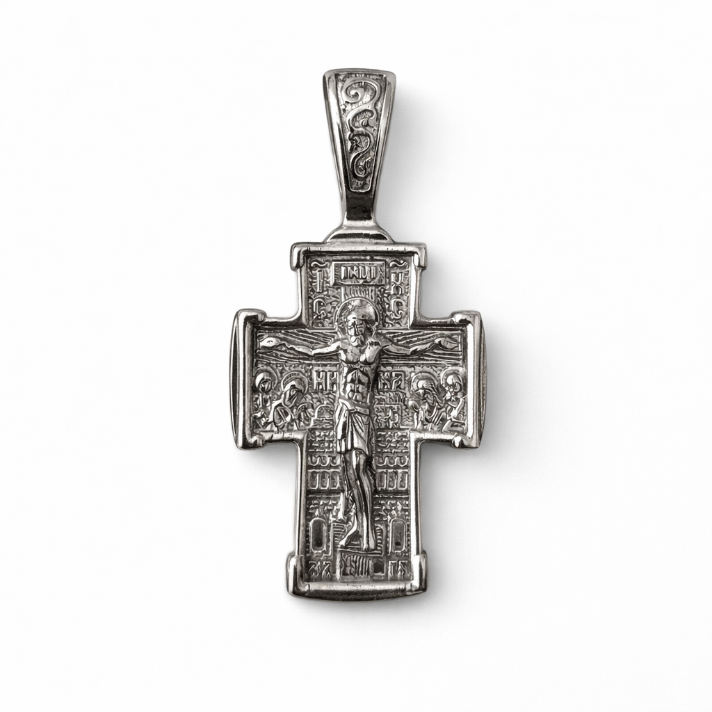 Двухсторонний православный крестик из серебра 925 пробы