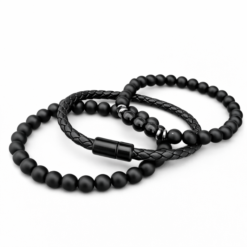 Armband-Set 3-teilig – Lederarmband und Armbänder aus Steinperlen, schwarz