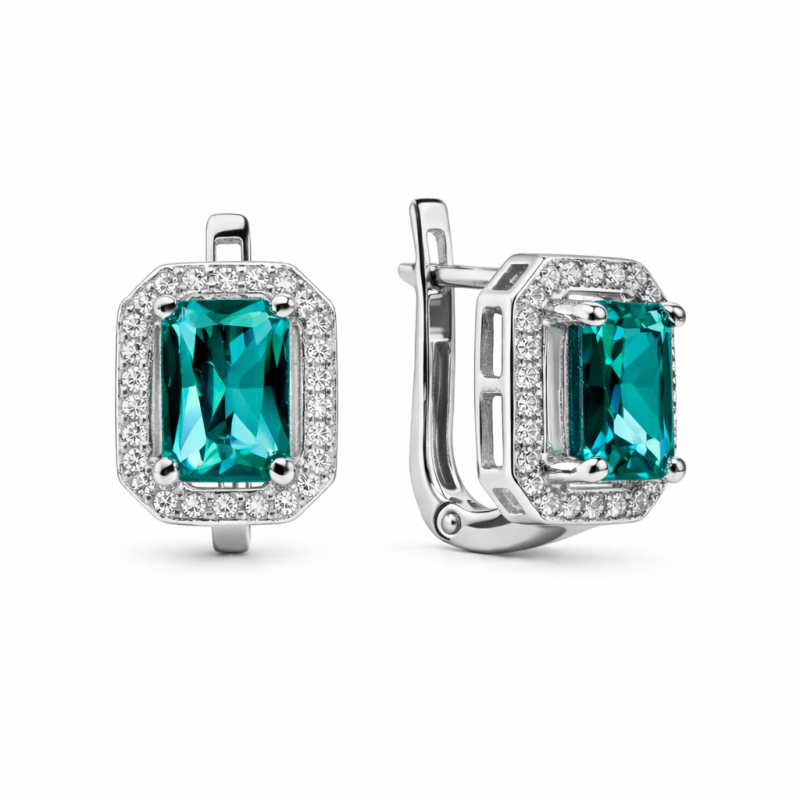 Ohrringe aus 925 Silber mit türkisgrünem und weißem Stein sowie Zirkonia Ohrringe aus 925 Silber mit türkisgrünem und weißem Stein sowie Zirkonia