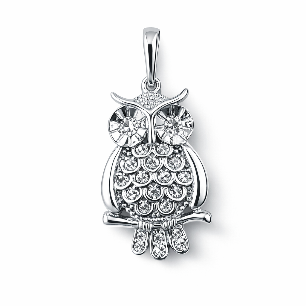 Anhänger „Eule“ mit weißen Zirkonia aus rhodiniertem 925 Silber