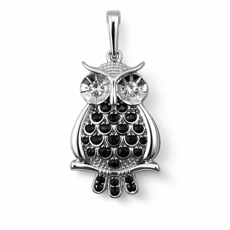 Anhänger „Eule“ mit schwarzen und weißen Zirkonia aus rhodiniertem 925 Silber