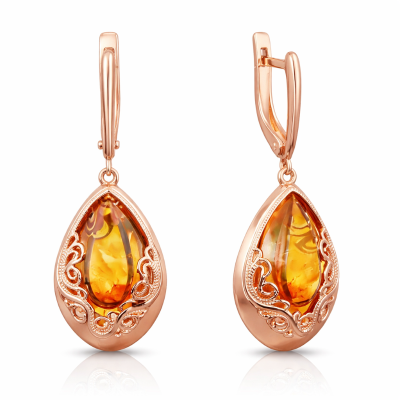 Серьги с английским замком из русского золота с янтарём