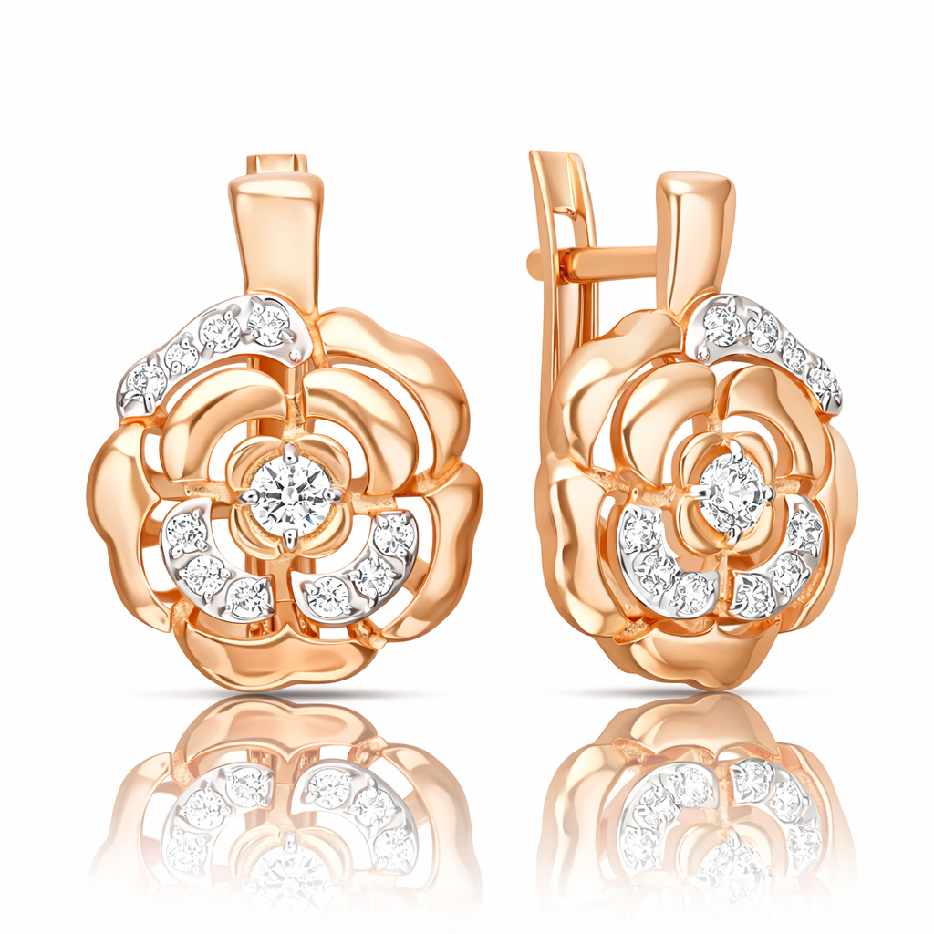 Ohrringe „Kamelien“ aus 585 Rotgold mit Zirkonia und englischem Verschluss
