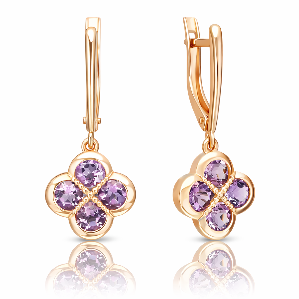 Висячие серьги из русского красного золота 585 пробы с аметистами и английским замком Висячие серьги из русского красного золота 585 пробы с аметистами и английским замком