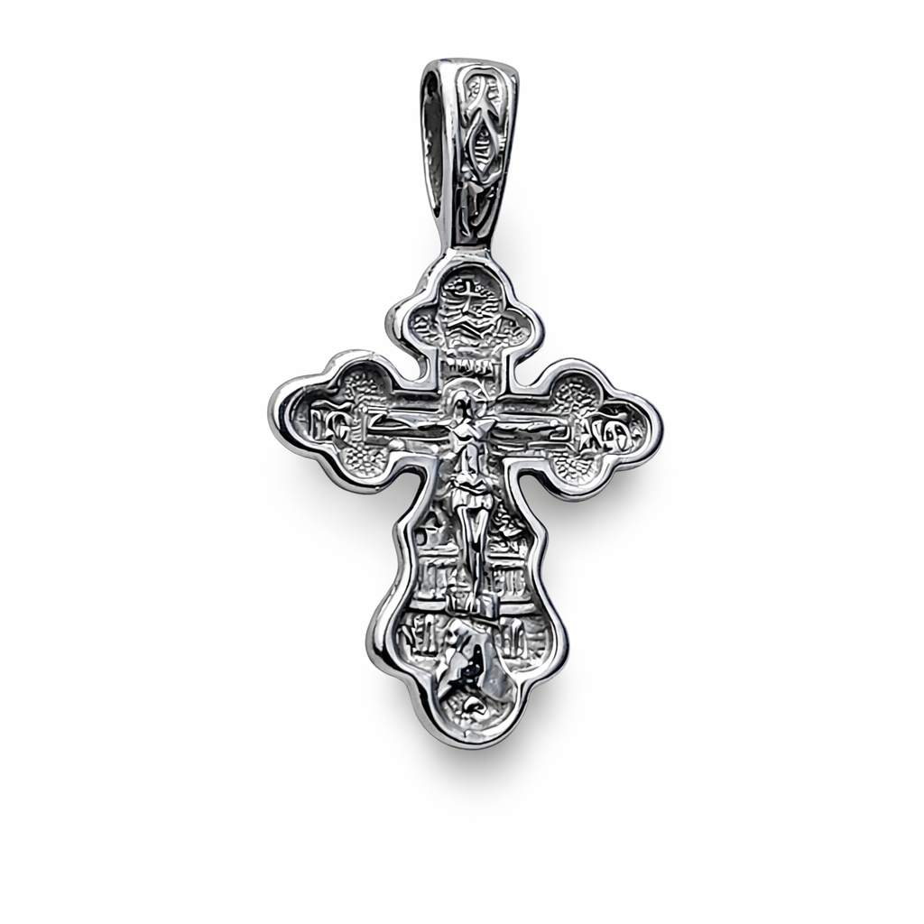 Orthodoxes zweiseitiges Kreuz aus rhodiniertem 925 Silber