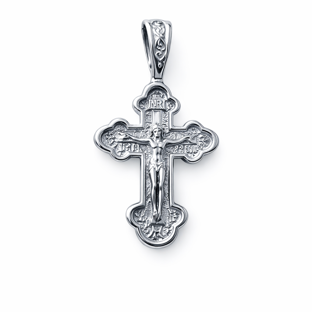 Beidseitiger orthodoxer Kreuzanhänger aus rhodiniertem 925 Silber