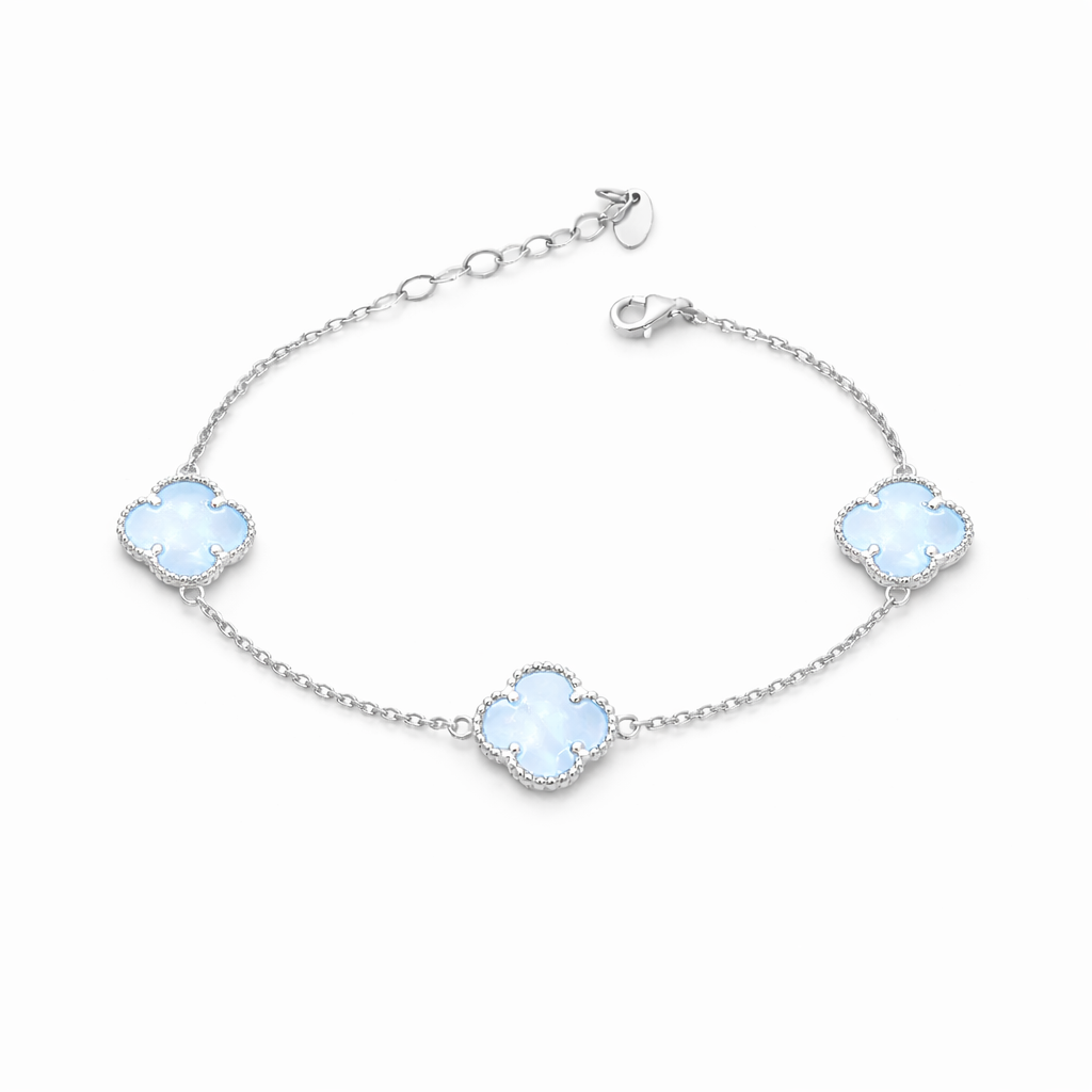 Armband „Kleeblatt“ aus russischem 925 Silber mit bläulichem Perlmutt