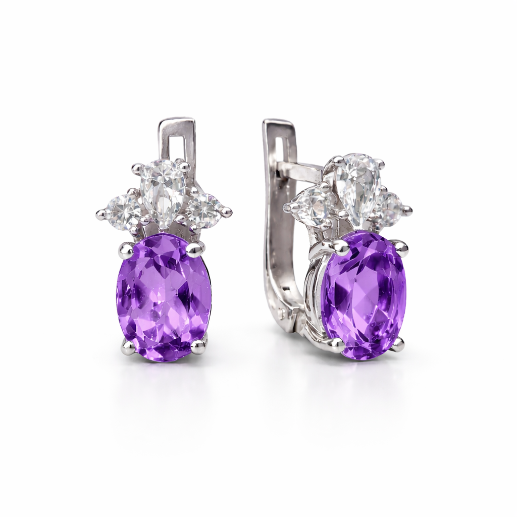Классические серьги из серебра 925 пробы с аметистом и фианитами