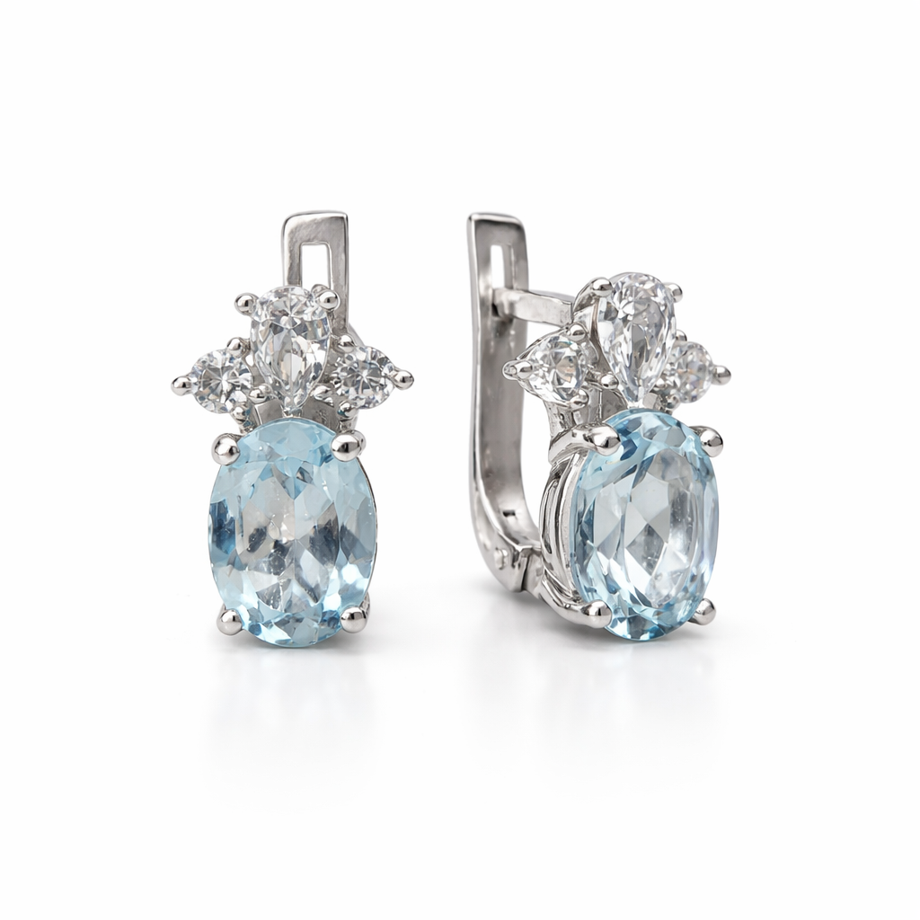 Классические серьги из серебра 925 пробы с топазом и фианитами